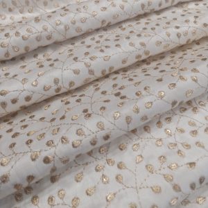 Dyeable Off-White Mashru Silk Fabric with Zari Embroidery, 44-inch width, luxurious handwoven material ideal for creating blouses, lehengas, Kurtis, suits, gowns, and dresses.